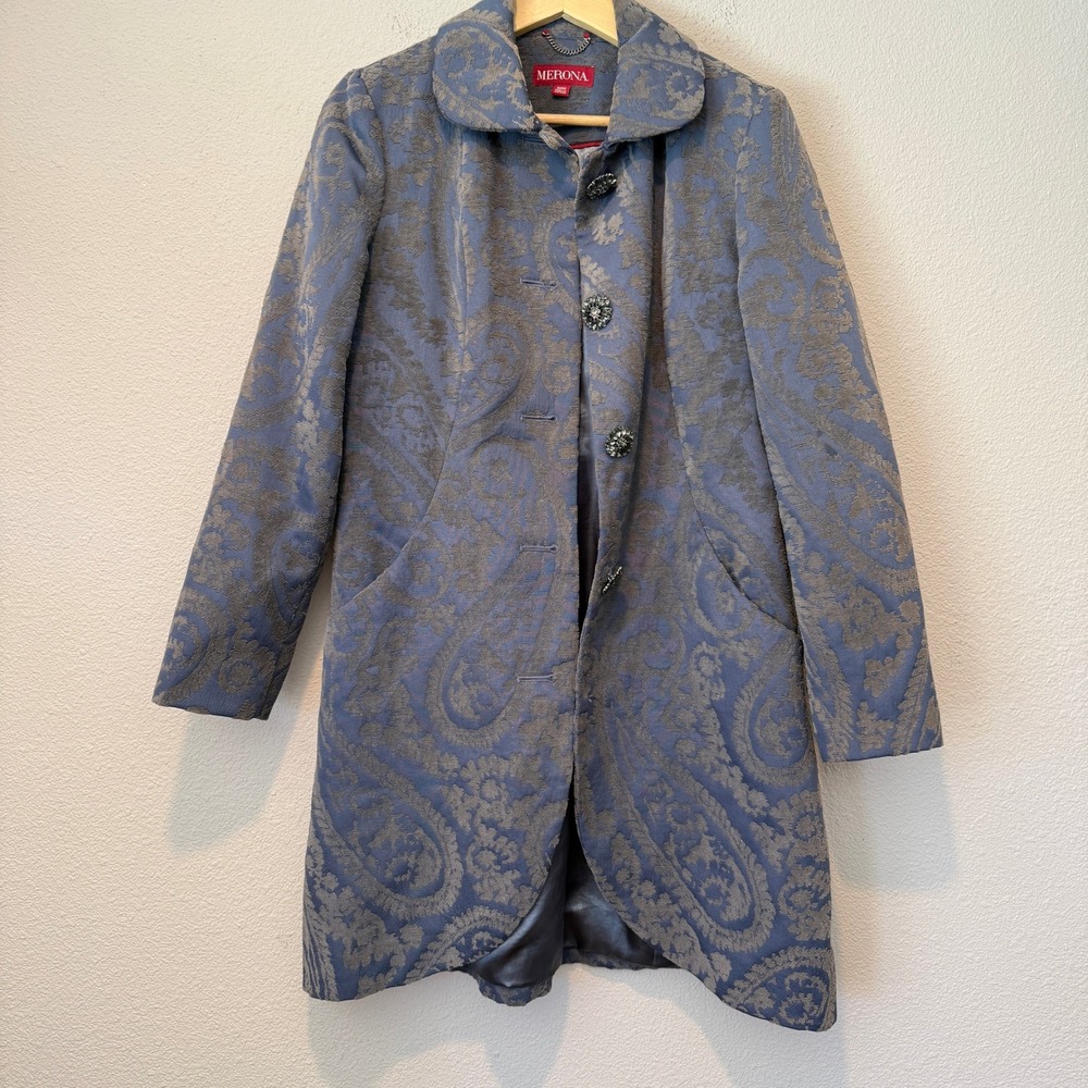 Merona Womens Blue Paisley Jacquard Brocade Coat Peter Pan Collar Size M